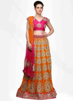 Orange Raw Silk Zari Embroidery Umbrella Lehenga Wedding Wear -ZariGrace Shop orange raw silk zari embroidery umbrella lehenga ghkifh80r u