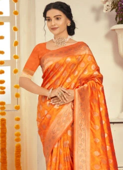 Orange Silk Zari Weaving Saree Festive Wear -ZariGrace Shop orange silk zari weaving saree sassgson3432 b