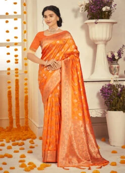 Orange Silk Zari Weaving Saree Festive Wear -ZariGrace Shop orange silk zari weaving saree sassgson3432 u
