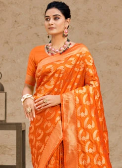 Orange Silk Zari Weaving Work Saree Festive Wear -ZariGrace Shop orange silk zari weaving work saree sassgrrs3243 b