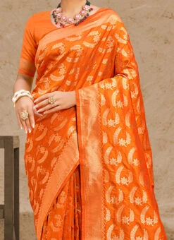 Orange Silk Zari Weaving Work Saree Festive Wear