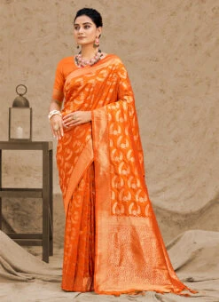 Orange Silk Zari Weaving Work Saree Festive Wear -ZariGrace Shop orange silk zari weaving work saree sassgrrs3243 u