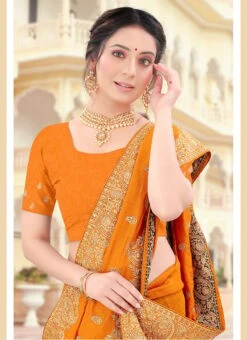 Orange Vichitra Silk Zari Embroidery Saree Party Wear -ZariGrace Shop orange two ton vichitra silk zari embroidery saree sasunm967 b