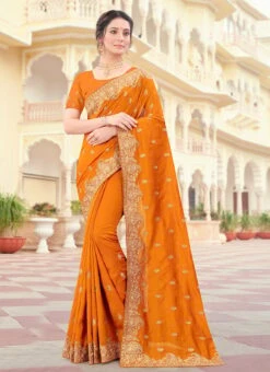 Orange Vichitra Silk Zari Embroidery Saree Party Wear -ZariGrace Shop orange two ton vichitra silk zari embroidery saree sasunm967 u