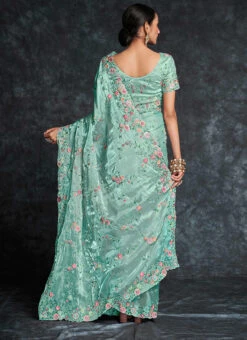 Organza Blue Color Embroidery Sequins Saree Party Wear -ZariGrace Shop organza blue color embroidery sequins saree saska361645016 b