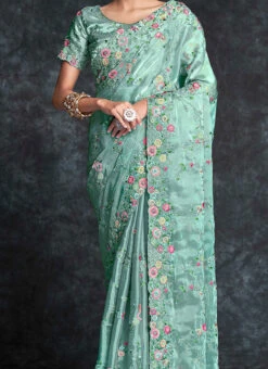 Organza Blue Color Embroidery Sequins Saree Party Wear
