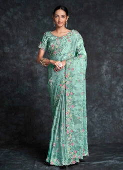 Organza Blue Color Embroidery Sequins Saree Party Wear -ZariGrace Shop organza blue color embroidery sequins saree saska361645016 u
