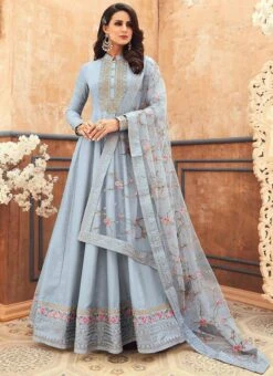 Pastel Blue Dola Silk Embroidered N Stones Anarkali Suit Party Wear -ZariGrace Shop pastel blue dola silk embroidered n stones anarkali suit slsli130314063 u