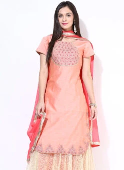 Peach Chanderi Long Choli Lehenga Wedding Wear -ZariGrace Shop peach chanderi long choli lehenga ghnrrsm292 b