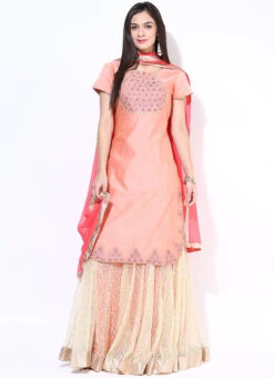 Peach Chanderi Long Choli Lehenga Wedding Wear -ZariGrace Shop peach chanderi long choli lehenga ghnrrsm292 u