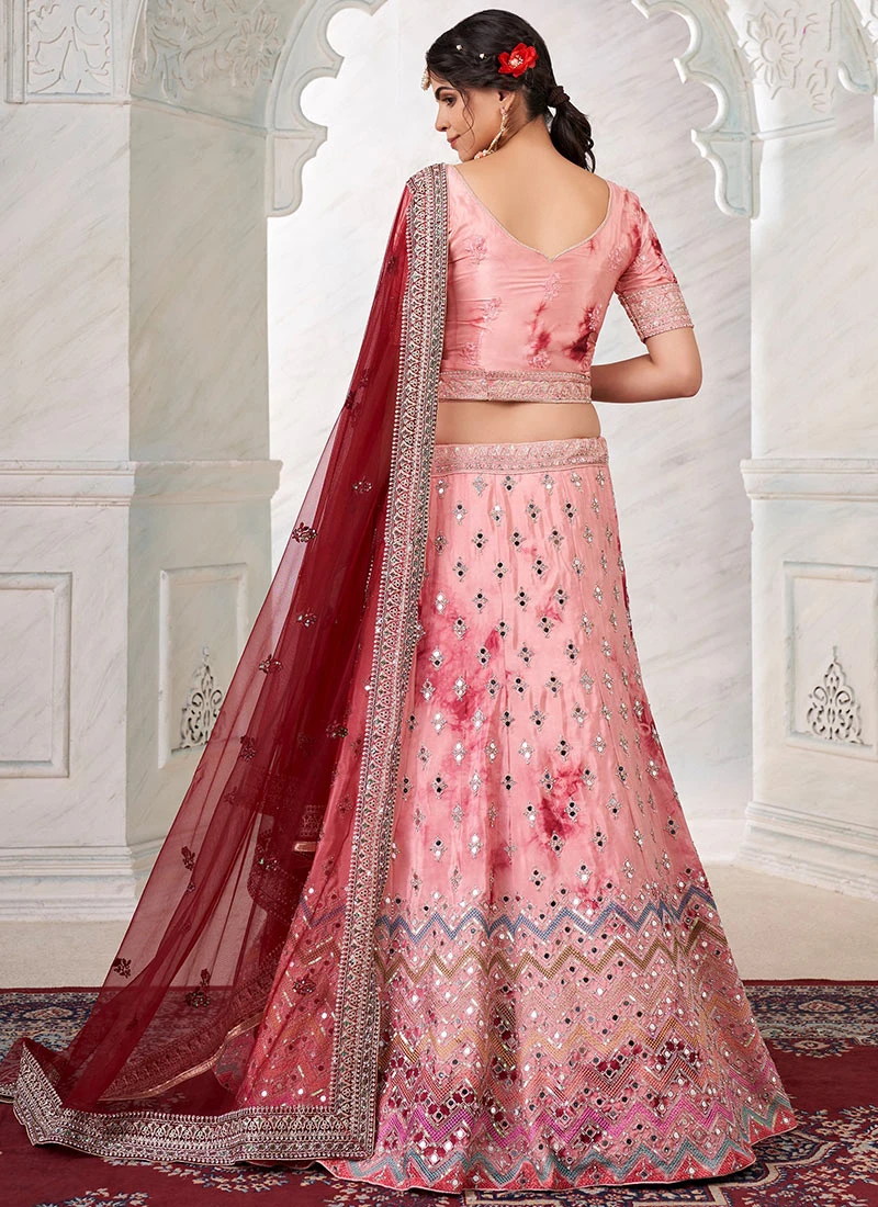 Peach Art Silk Embroidered And Mirror Work Umbrella Lehenga Wedding Wear 6 Peach Art Silk Embroidered And Mirror Work Umbrella Lehenga Wedding Wear - Image 4