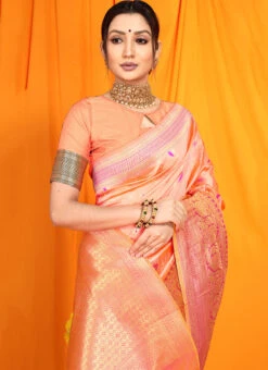 Peach Color Patola Silk With Zari Weaving Work Saree Party Wear -ZariGrace Shop peach color patola silk with zari weaving work saree sasom110706 b
