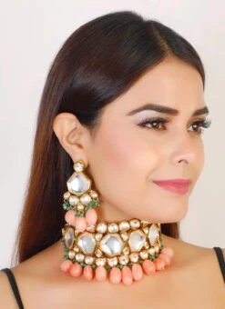 Peach Designer Necklace Set With Earrings Party Wear -ZariGrace Shop peach designer necklace set with earrings jydmf1926 b