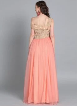 Peach Embroiderd Flap Style Flared Gown Party Wear -ZariGrace Shop peach embroiderd flap style flared gown IWBS01910312 b