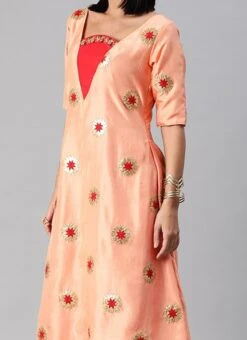 Peach Embroidered Chinon Kurta Set Festive Wear