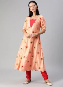 Peach Embroidered Chinon Kurta Set Festive Wear -ZariGrace Shop peach embroidered chinon kurta set KSBS01911717 u