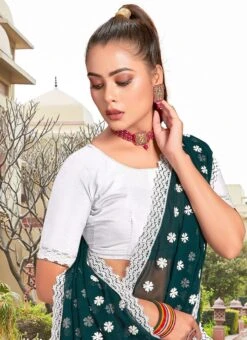 Rama Green Faux Georgette Embroidered Half And Half Saree Party Wear -ZariGrace Shop peach faux georgette embroidered half and half saree sasunk2095 b