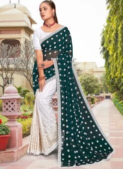 Rama Green Faux Georgette Embroidered Half And Half Saree Party Wear -ZariGrace Shop peach faux georgette embroidered half and half saree sasunk2095 u