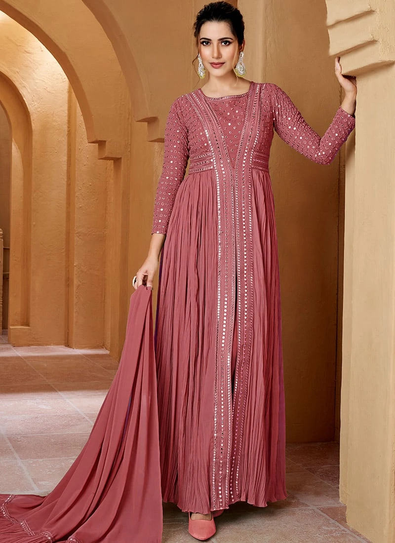 Peach Faux Georgette Mirror Work Anarkali Suit Party Wear 5 Peach Faux Georgette Mirror Work Anarkali Suit Party Wear - Image 3