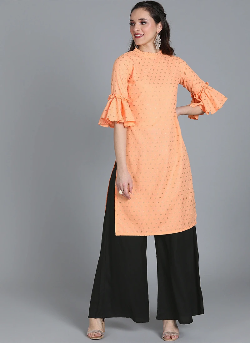 Peach Foil Printed Pleat Style Kurta Set After Six Wear 5 Peach Foil Printed Pleat Style Kurta Set After Six Wear - Image 3