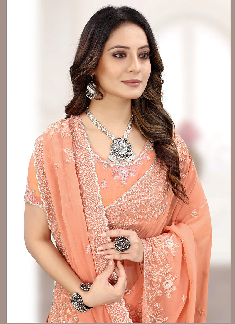 Peach Georgette Embroidered And Stones Designer Saree Festive Wear 6 Peach Georgette Embroidered And Stones Designer Saree Festive Wear - Image 4