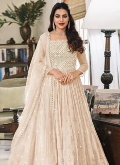 Beige Georgette Embroidered Designer Anarkali Suit Festive Wear -ZariGrace Shop peach georgette embroidered designer anarkali suit slsak32671381b b