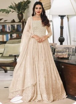Beige Georgette Embroidered Designer Anarkali Suit Festive Wear -ZariGrace Shop peach georgette embroidered designer anarkali suit slsak32671381b u