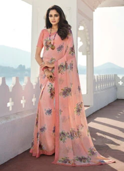 Peach Georgette Printed Work Saree Festive Wear -ZariGrace Shop peach georgette printed work saree sasacw4697 u