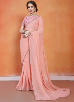 Peach Georgette Saree Party Wear -ZariGrace Shop peach georgette saree samkns10142512 u