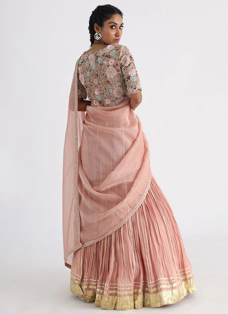 Peach Hand And Machine Embroidery Tafetta Half N Half Saree Wedding Wear 6 Peach Hand And Machine Embroidery Tafetta Half N Half Saree Wedding Wear - Image 4