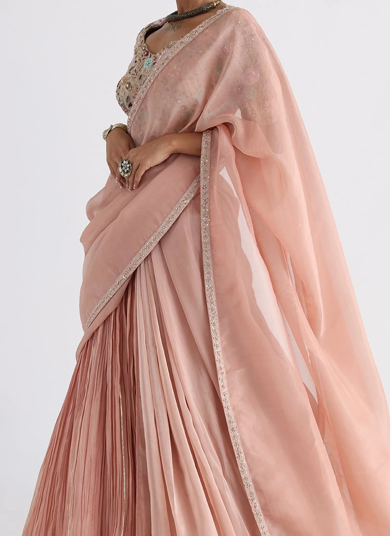 Peach Hand And Machine Embroidery Tafetta Half N Half Saree Wedding Wear 3 Peach Hand And Machine Embroidery Tafetta Half N Half Saree Wedding Wear