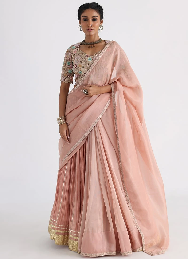 Peach Hand And Machine Embroidery Tafetta Half N Half Saree Wedding Wear 5 Peach Hand And Machine Embroidery Tafetta Half N Half Saree Wedding Wear - Image 3