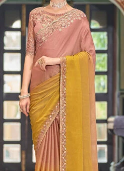 Peach N Mustard Silk Embroidery Work Saree Party Wear