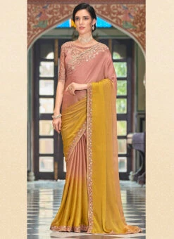 Peach N Mustard Silk Embroidery Work Saree Party Wear -ZariGrace Shop peach n mustard silk embroidery work saree samkn9261010 u