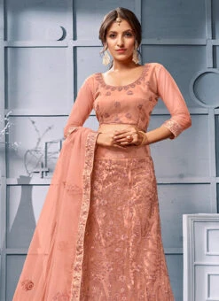 Peach Net Machine Embroidered A Line Lehenga Party Wear -ZariGrace Shop peach net machine embroidered a line lehenga ghssitatr1002 b