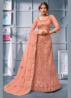 Peach Net Machine Embroidered A Line Lehenga Party Wear -ZariGrace Shop peach net machine embroidered a line lehenga ghssitatr1002 u