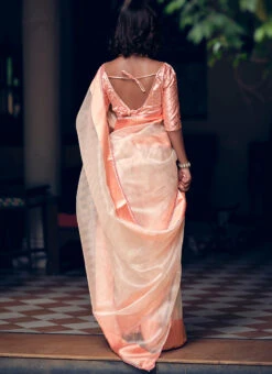 Peach Organza Saree Party Wear -ZariGrace Shop peach organza saree sassls3865 b