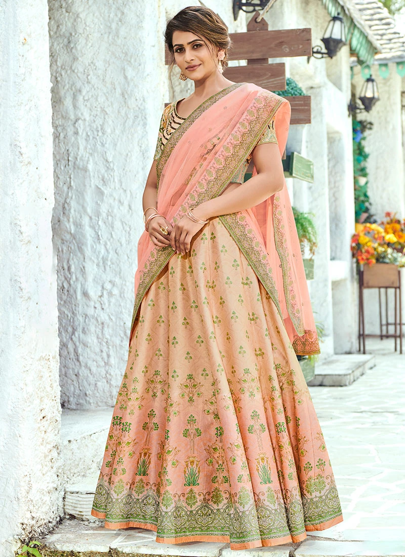 Peach Printed A Line Lehenga Party Wear 5 Peach Printed A Line Lehenga Party Wear - Image 3