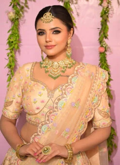 Peach Pure Raw Silk Hand Embroidered Umbrella Lehenga Choli Wedding Wear -ZariGrace Shop peach pure raw silk hand embroidered umbrella lehenga choli ghmca039 b