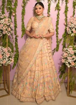 Peach Pure Raw Silk Hand Embroidered Umbrella Lehenga Choli Wedding Wear -ZariGrace Shop peach pure raw silk hand embroidered umbrella lehenga choli ghmca039 u