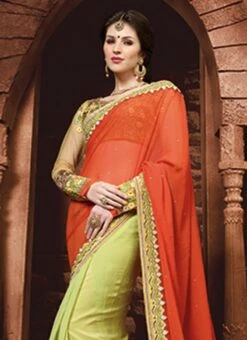 Pear Green N Orange Georgette Half N Half Saree Party Wear 9 Pear Green N Orange Georgette Half N Half Saree Party Wear -ZariGrace Shop pear green n orange georgette half n half saree sassnp16010 b