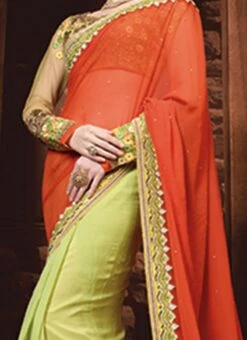 Pear Green N Orange Georgette Half N Half Saree Party Wear