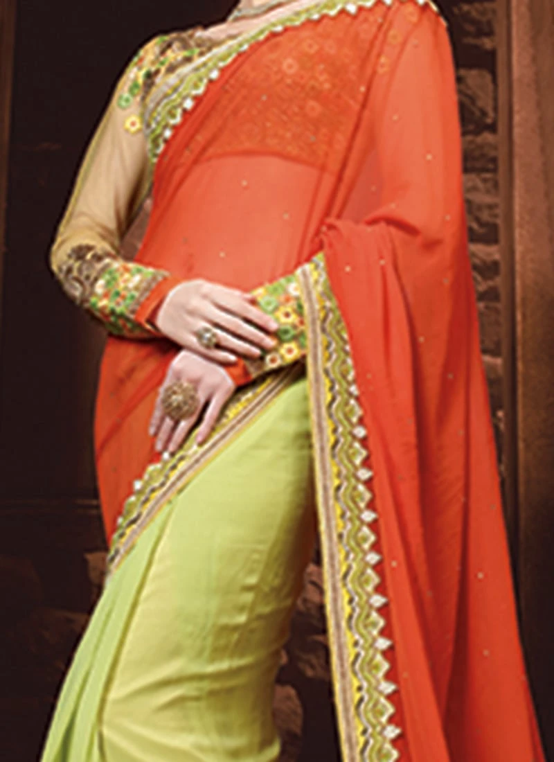 Pear Green N Orange Georgette Half N Half Saree Party Wear 3 Pear Green N Orange Georgette Half N Half Saree Party Wear