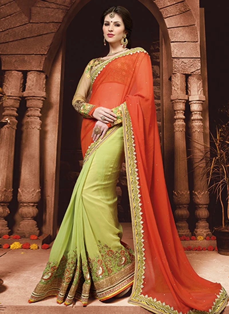 Pear Green N Orange Georgette Half N Half Saree Party Wear 5 Pear Green N Orange Georgette Half N Half Saree Party Wear - Image 3