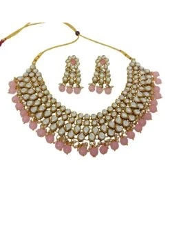 Pink Alloy Kundan Necklace Set With Earrings Party Wear -ZariGrace Shop pink alloy kundan necklace set with earrings jysmvd10896 u