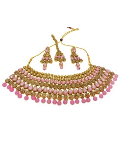 Pink Alloy Kundan Necklace Set With Earrings N Mangtika Party Wear -ZariGrace Shop pink alloy kundan necklace set with earrings n mangtika jysmvd10867 b