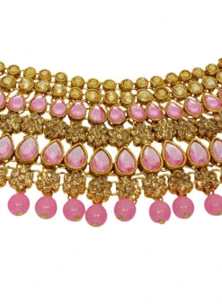 Pink Alloy Kundan Necklace Set With Earrings N Mangtika Party Wear