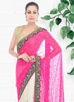 Pink And White Georgette Hand Work Half N Half Saree Party Wear -ZariGrace Shop pink and white georgette hand work half n half saree sadsf4851 b