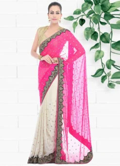 Pink And White Georgette Hand Work Half N Half Saree Party Wear -ZariGrace Shop pink and white georgette hand work half n half saree sadsf4851 u