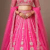 Pink Color Net Embroidered And Zari Work Umbrella Lehenga Wedding Wear -ZariGrace Shop pink color net embroidered and zari work umbrella lehenga ghmkns440a l